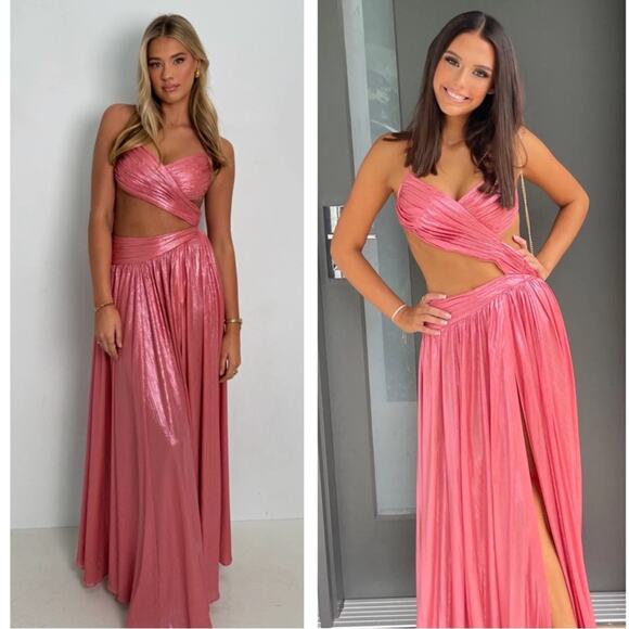 Retrofete Aglaia Cutout Ruched Metallic Lame Calypso Coral Maxi Dress Size Small - Picture 3 of 11